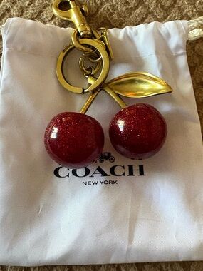 Coach Cherry Keychain Charm Red Glitter Resin Gold Tone Bag Charm w/ Dust Bag